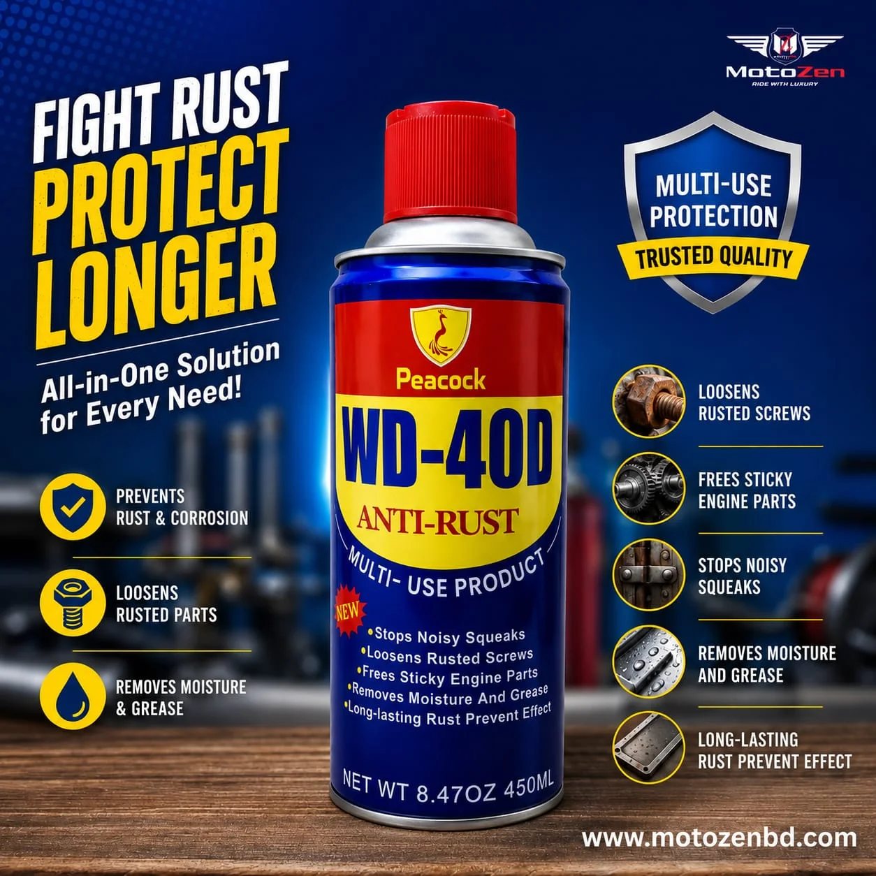 WD-40D.webp WD-40D Anti-Rust Multi-Use Spray 450ml | Rust Remover, Lubricant & Moisture Protection Spray - Image 1
