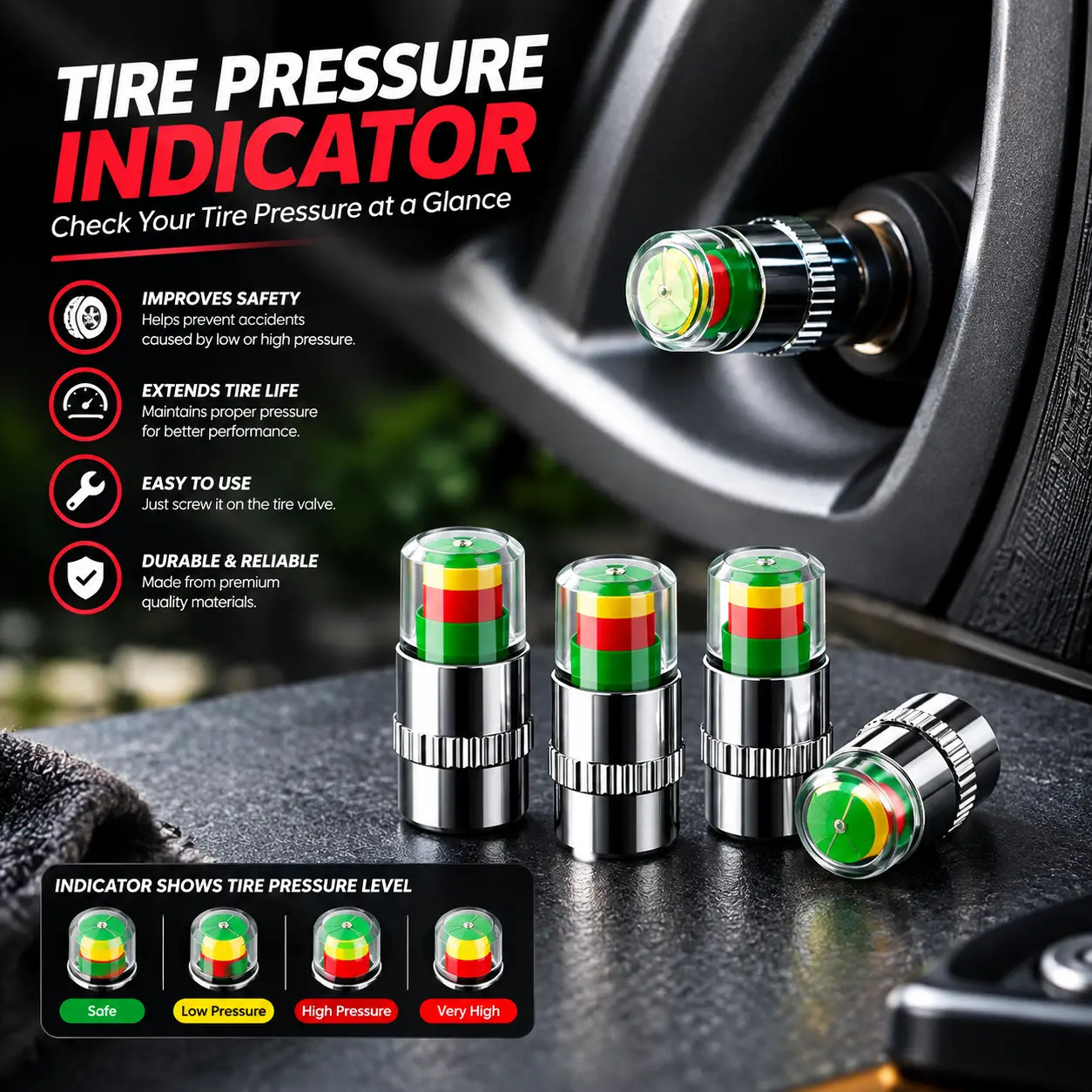 Tire Pressure Indicator (4) Smart Tire Pressure Indicator Caps | 4-Piece Tire Valve Pressure Monitor - Image 1