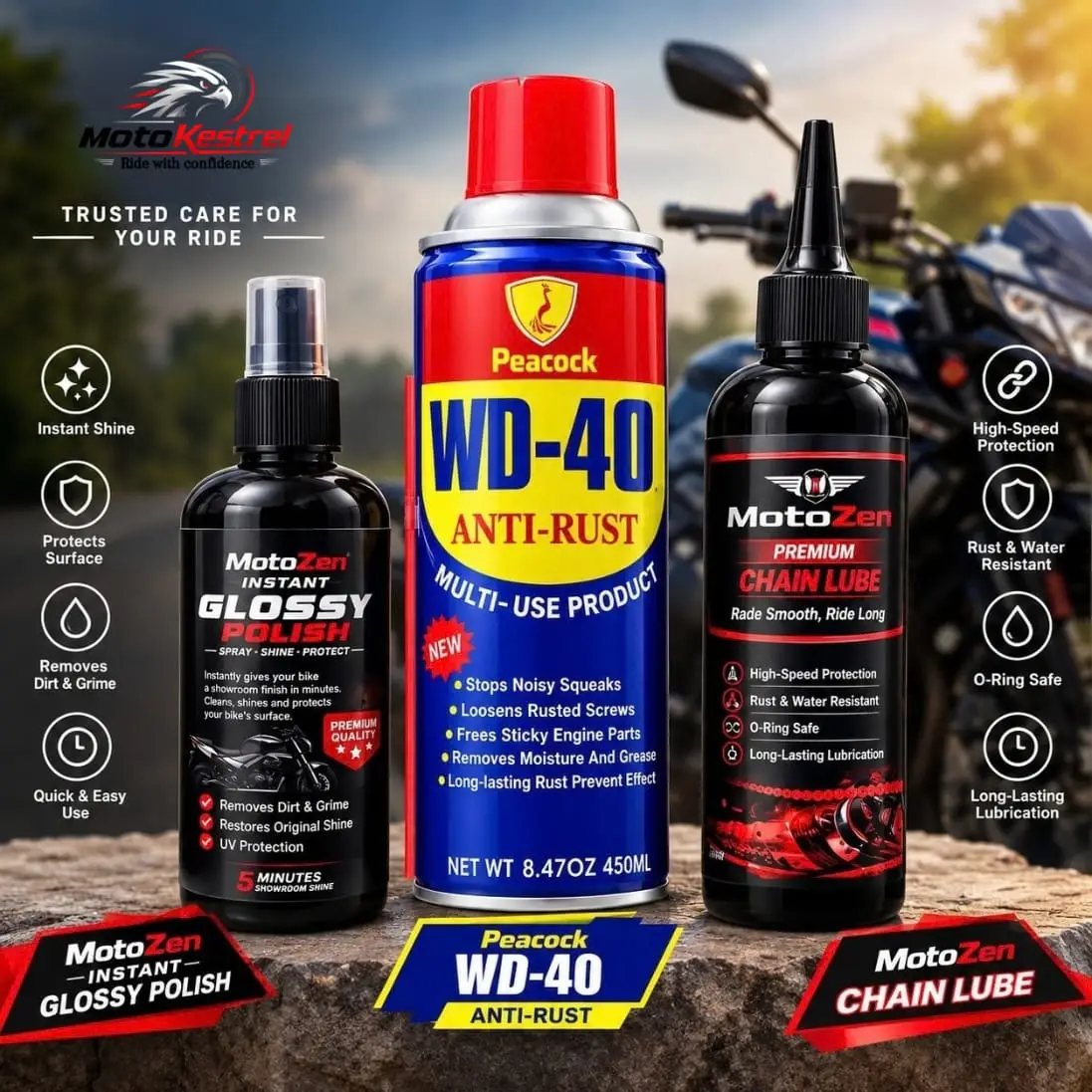 Care Product 3pcs Complete Care Combo – Glossy Polish + Anti-Rust Spray + Chain Lube - Image 1